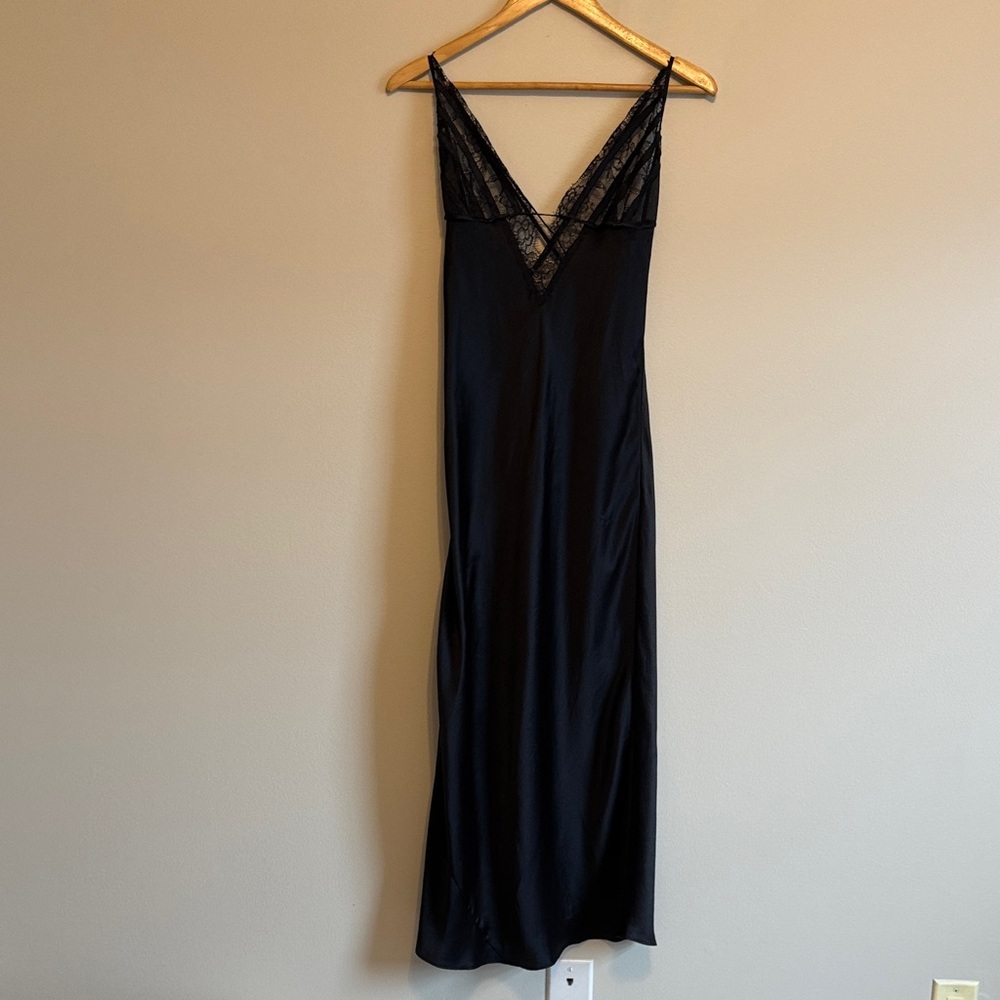 Victoria's Secret long Black Satin Lace Chemise